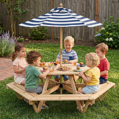 6 Seat Kids Picnic Bench Set with Removable Adjustable Umbrella