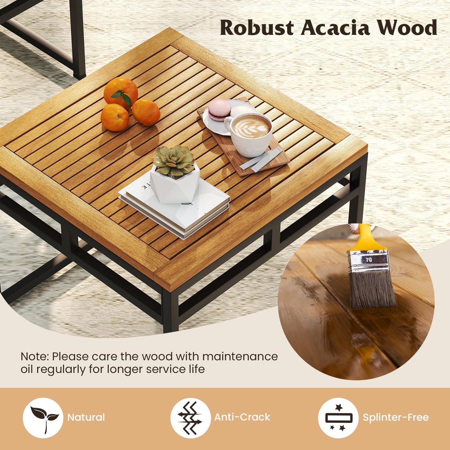 4 Piece Patio L-Shaped Sofa Set Acacia Wood Metal Sectional Sofa Set