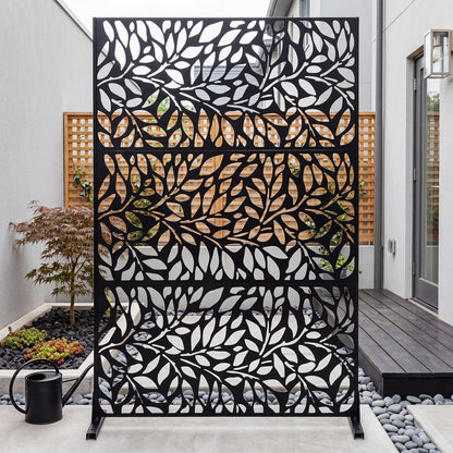Decorative Garden Privacy Screen with Stand, 183x121cm Freestanding Metal Outdoor Divider