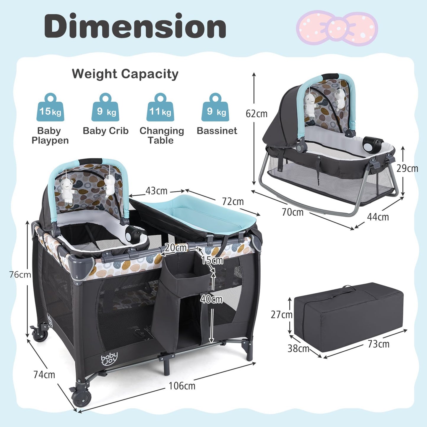 5 in 1 Travel Cot, Portable Baby Crib Bassinet with Rocking Bassinet & Diaper Changing Table
