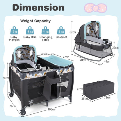 5 in 1 Travel Cot, Portable Baby Crib Bassinet with Rocking Bassinet & Diaper Changing Table
