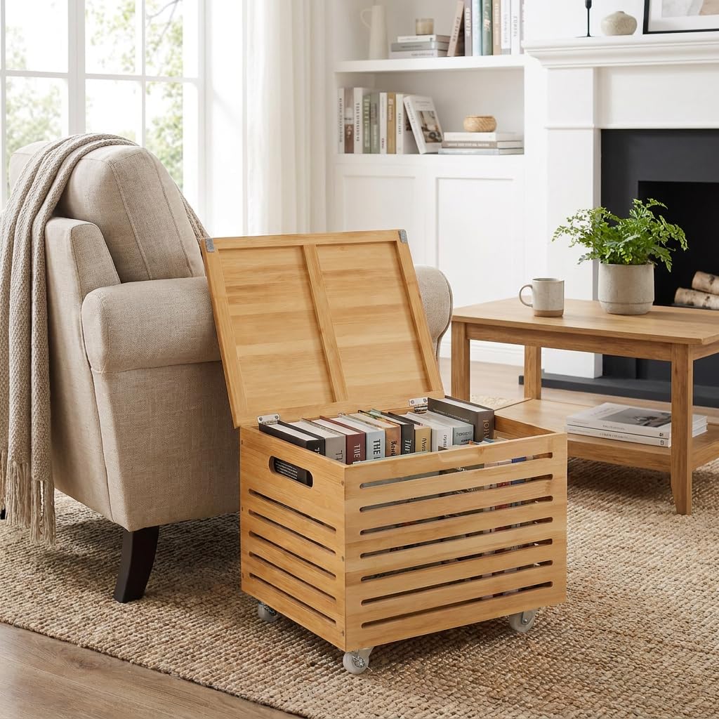 Bamboo Rolling Storage Box with 4 Wheels and Lid for Home