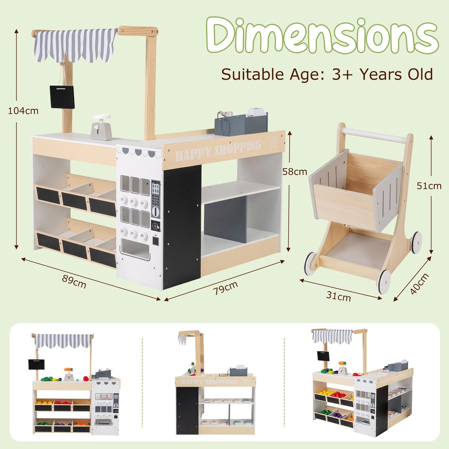 Kids Grocery Store Playset with Shopping Cart for Toddler Boys Girls 3+