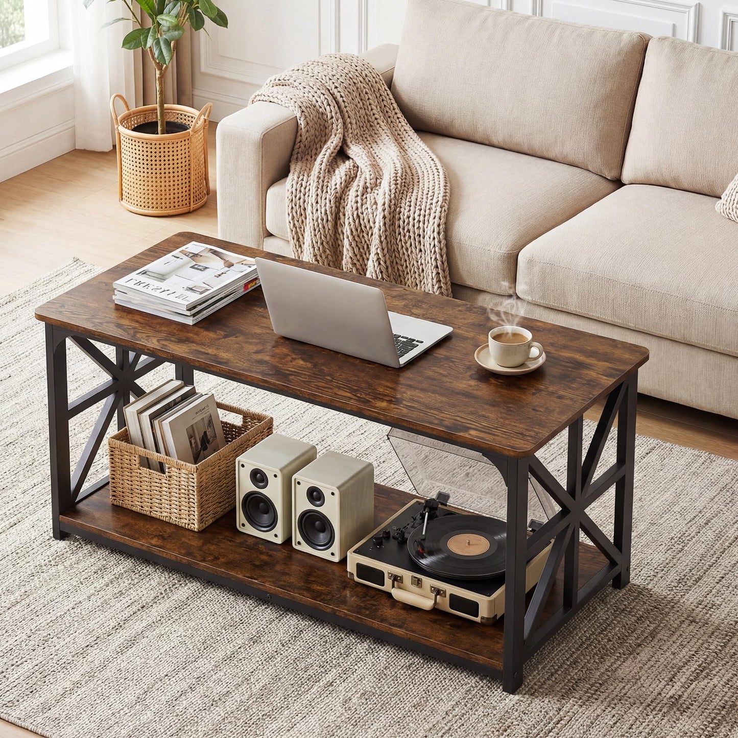 Coffee Table Industrial Farmhouse Accent Table with Open Storage Shelf