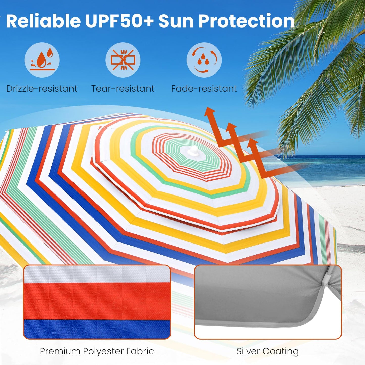 178 cm Beach Umbrella Sun Protection Portable Outdoor Sunshade Parasol for Sand