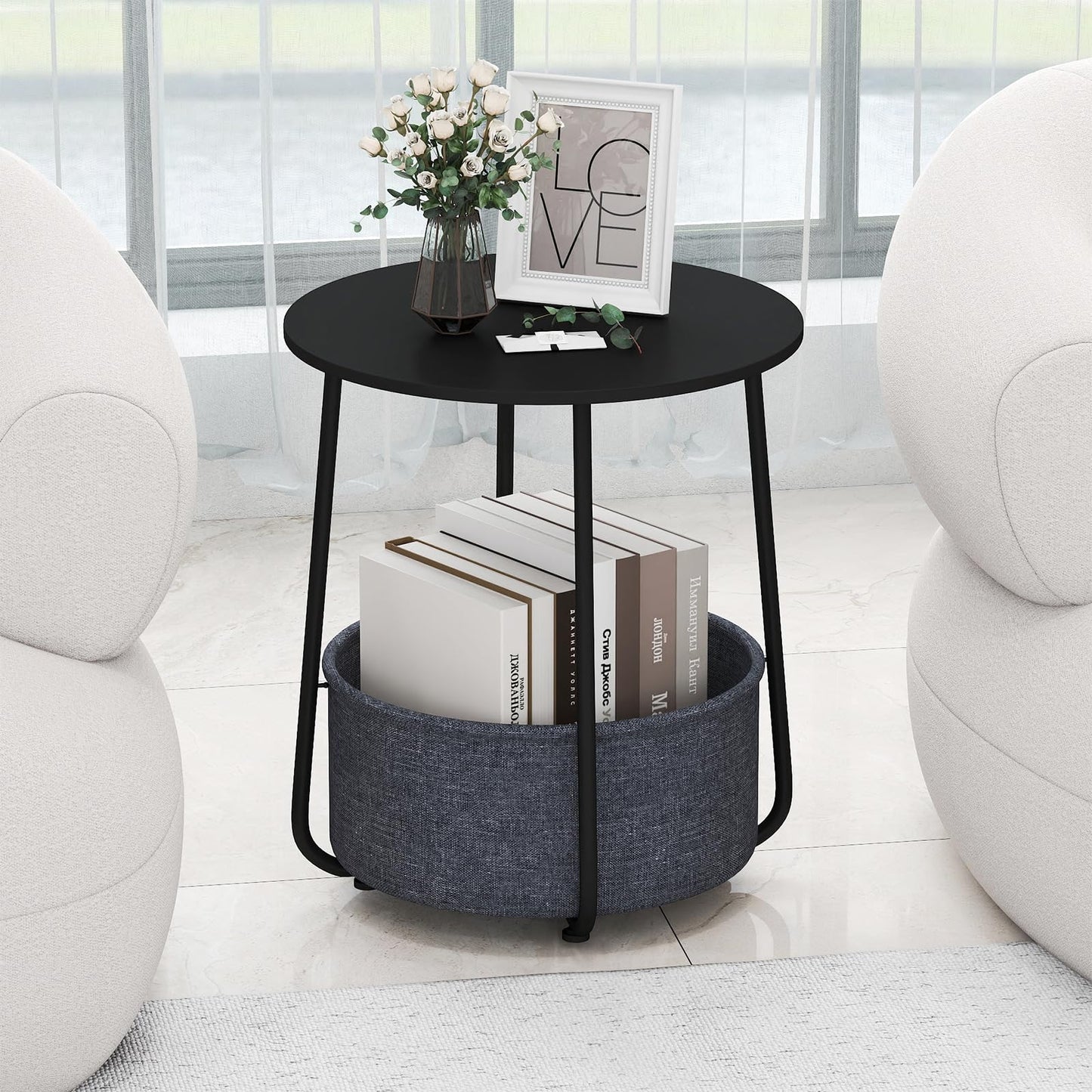 2-Tier End Table with Fabric Storage Basket and Metal Frame