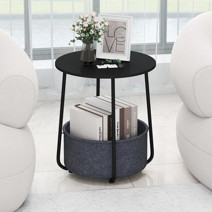 2-Tier End Table with Fabric Storage Basket and Metal Frame