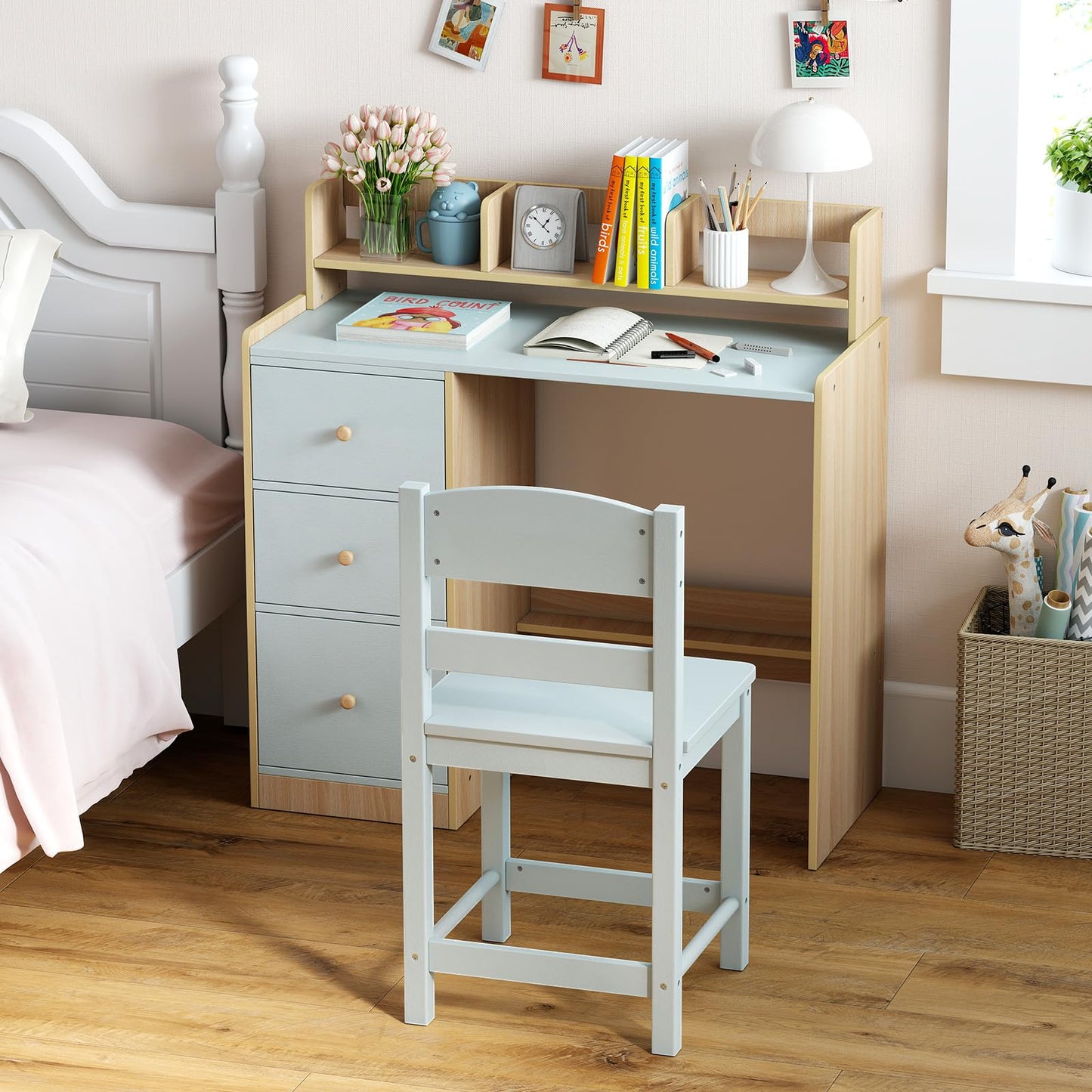 Kids Table and Chair Set, Wooden Children Desk and Chair with 3 Drawers