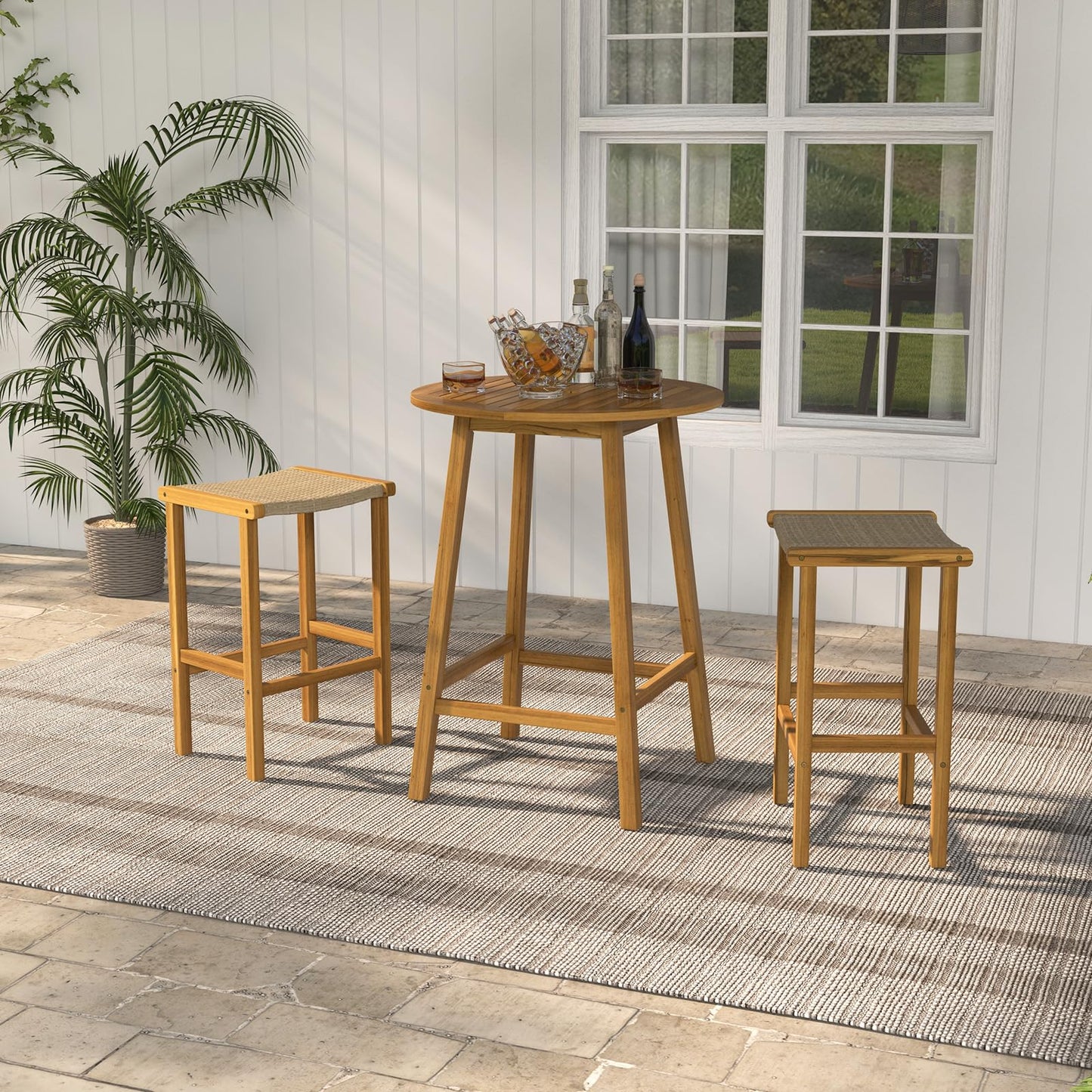 GiantexUK Rattan Garden Bar Stools Set of 2, Acacia Wood Patio Chairs with Curved Seat