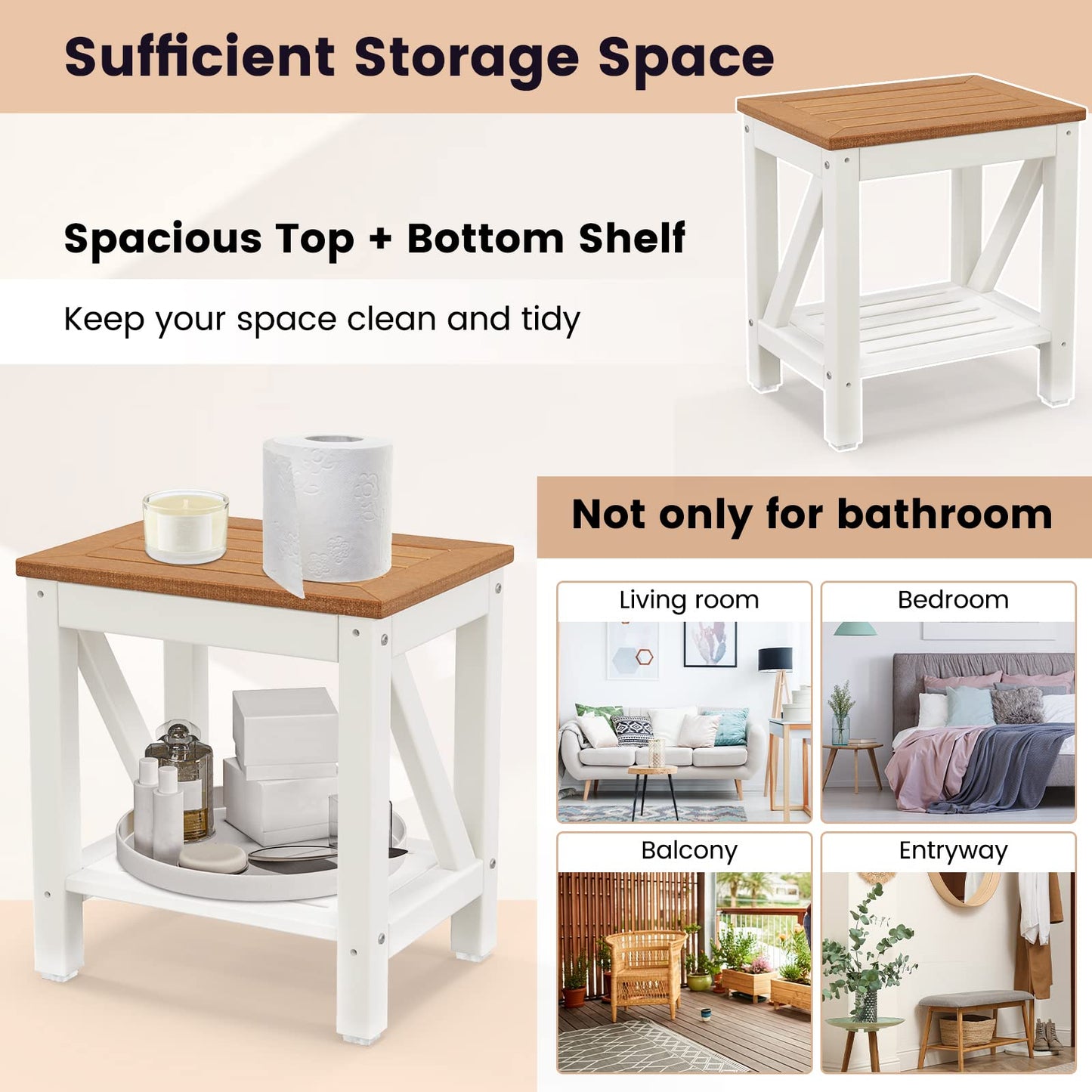 Shower Stool, HDPE Slatted Bathtub Shower Chair with Anti-Slip Foot Pads
