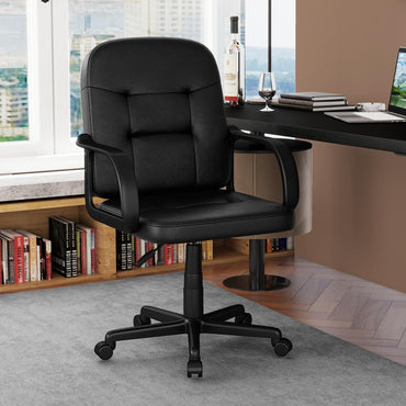 Leather Office Chair PU Upholstered Swivel Chair with Ergonomic Back and Curved Armrests