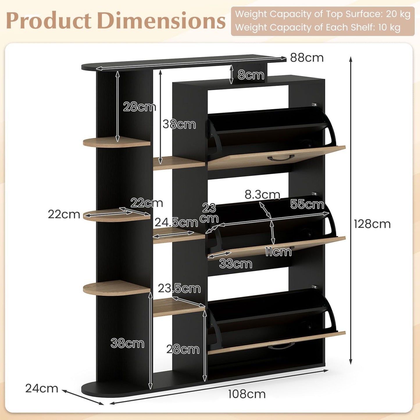 Slim Shoe Cabinet with 3 Flip Drawers, Open Shelves