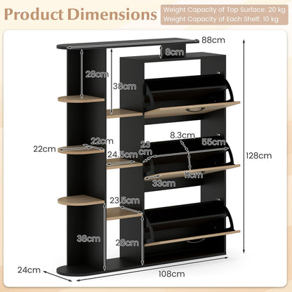 Slim Shoe Cabinet with 3 Flip Drawers, Open Shelves