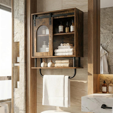 Bathroom Wall Cabinet, Wooden Over-The-Toilet Storage Cupboard with Sliding Barn Door