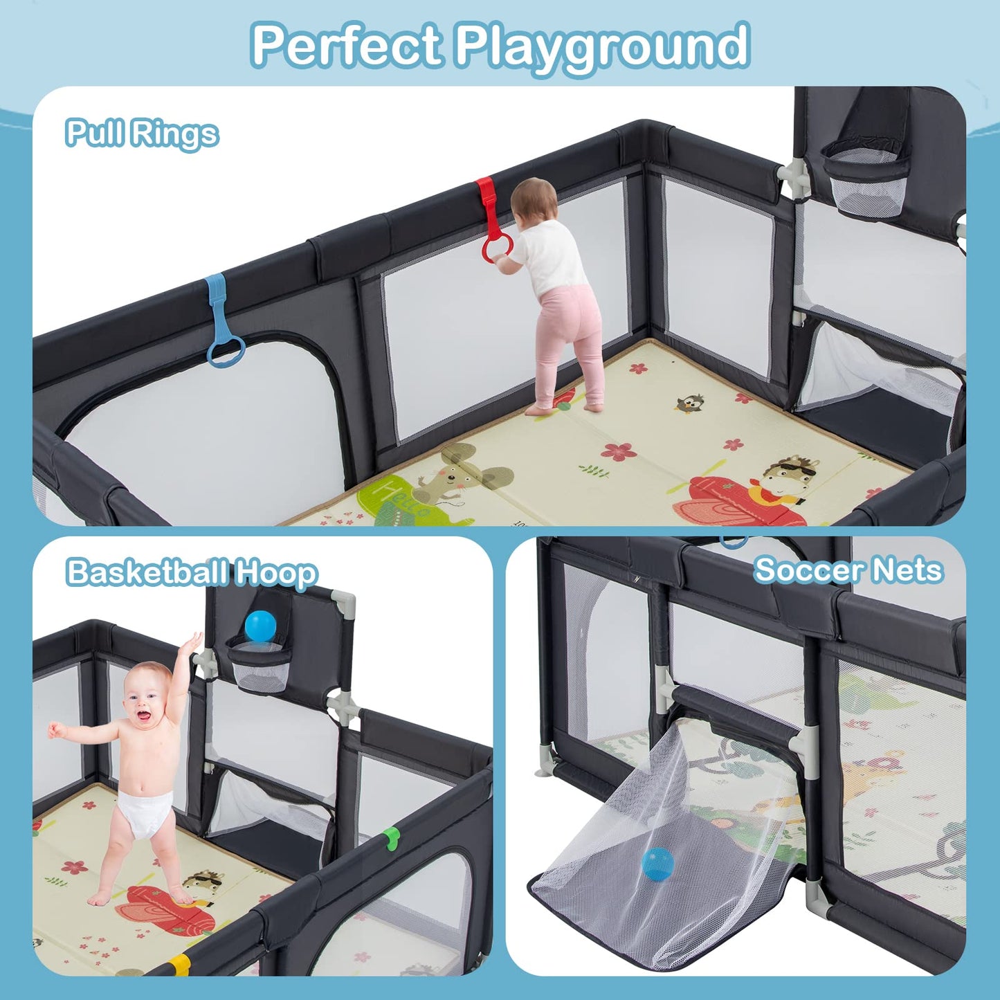 Toddler Mesh Play Pen with Mat, Pull Rings