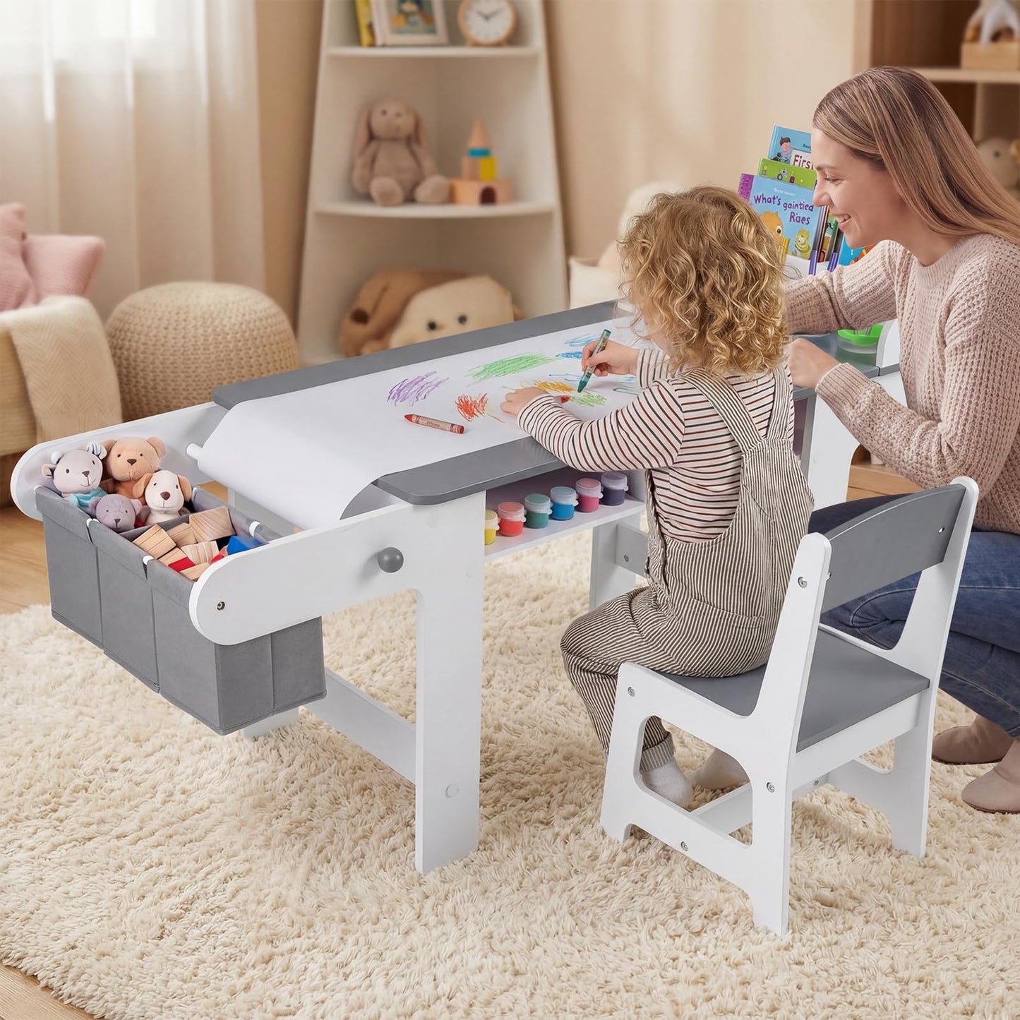 Kids Art Table and Chair Set with Paper Roll & Fabric Bins for Drawing Reading Studying Playing