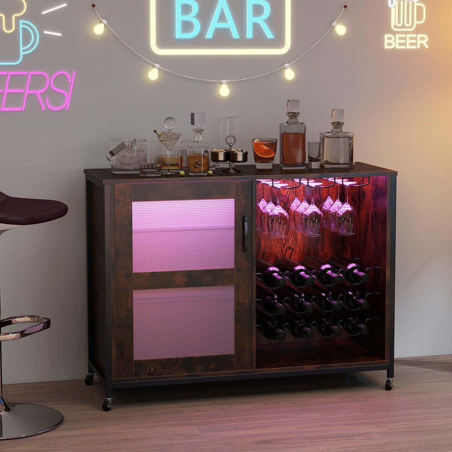 Liquor Buffet Sideboard with LED Lights and Glass Holders