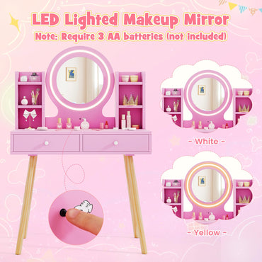 Kids Princess Vanity Desk Set with 2 Color LED Lighted Acrylic Mirror