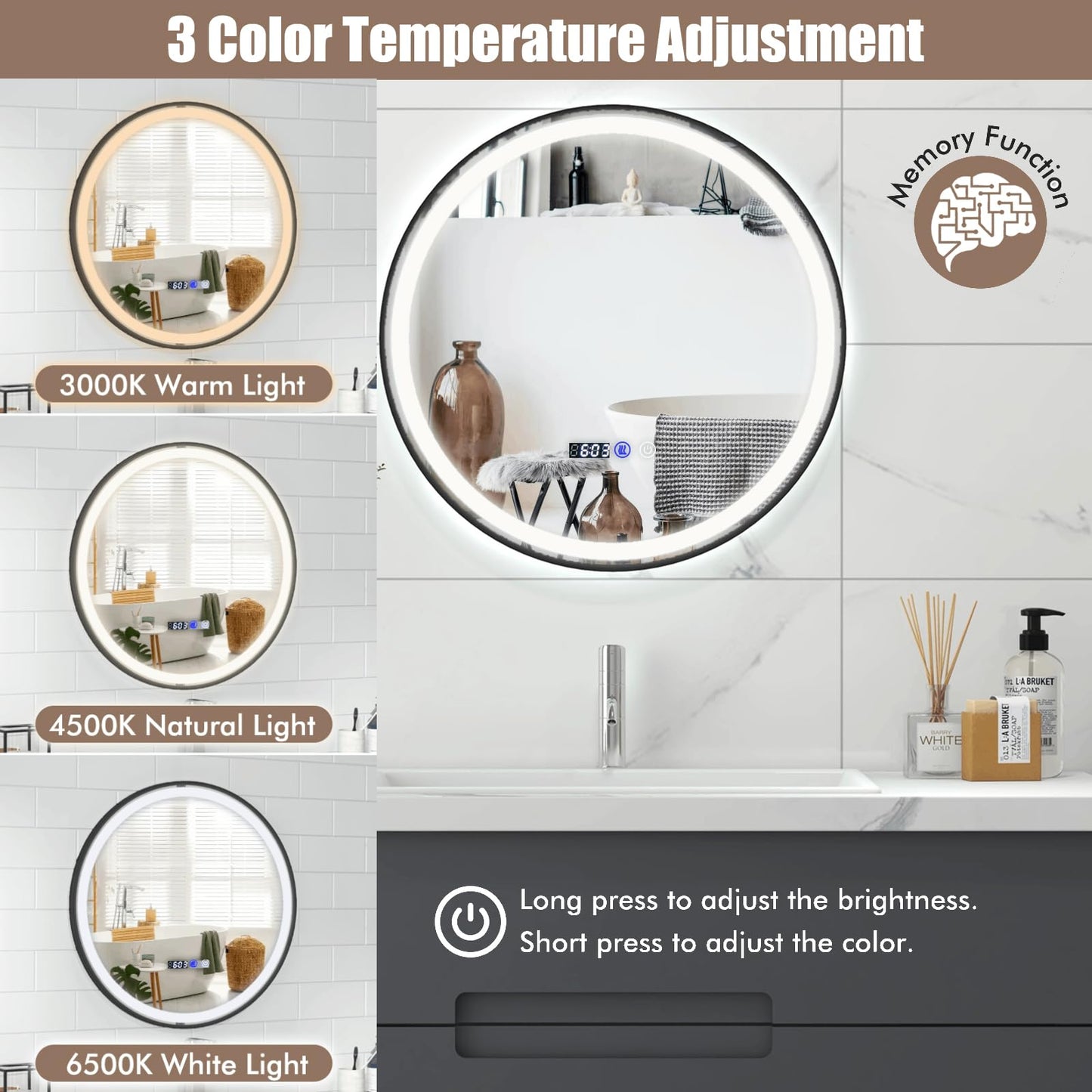 Lighted Bathroom Mirror with 3 Color LED Light Memory Function