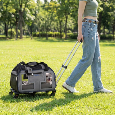 Foldable Rolling Pet Carrier with Wheels and Padded Carry Handle