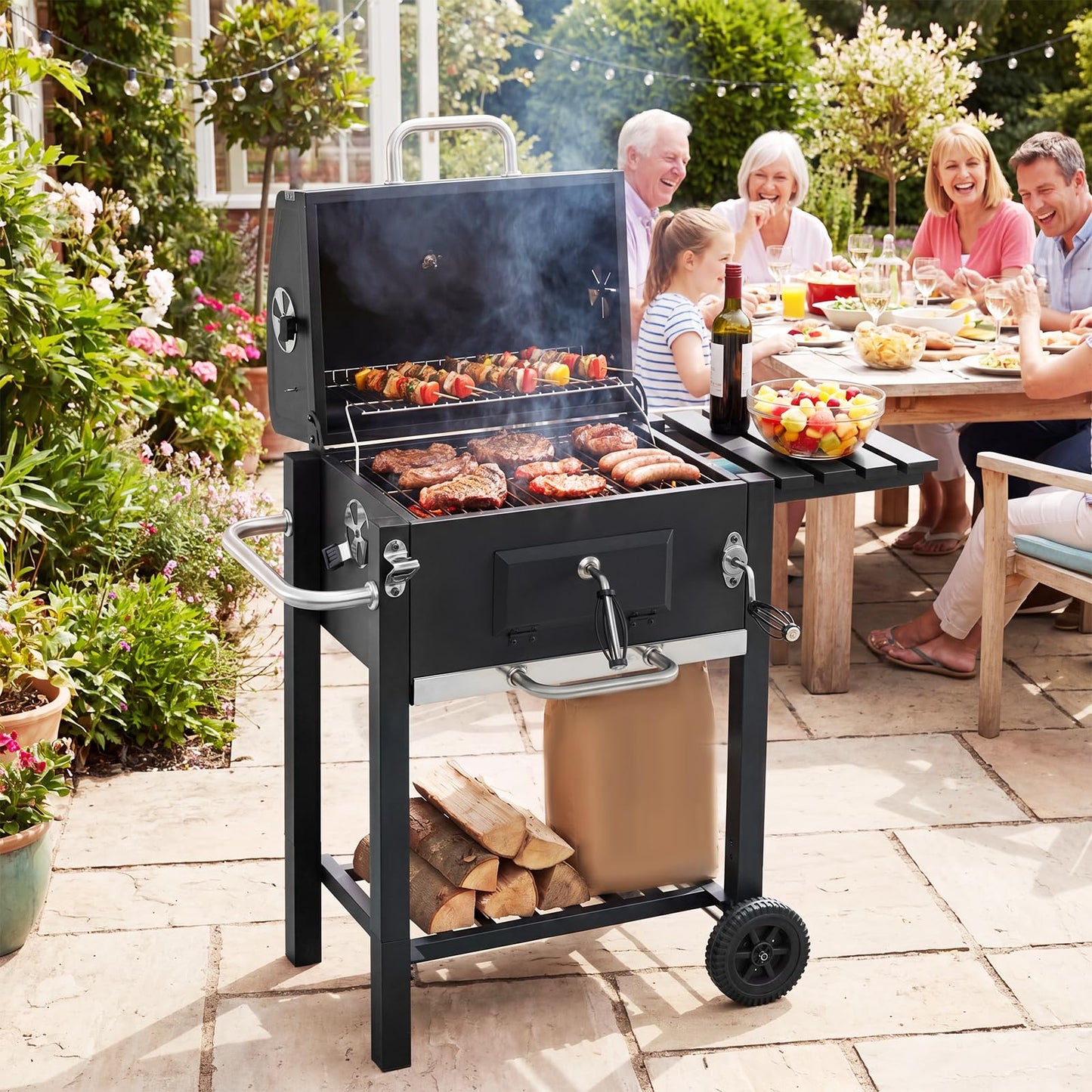Charcoal Grill with Wheels Portable BBQ Grill with Adjustable Charcoal Tray