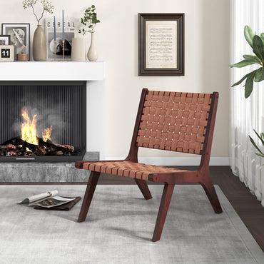 Set of 2 Woven Leather Accent Chairs with Wood Frame