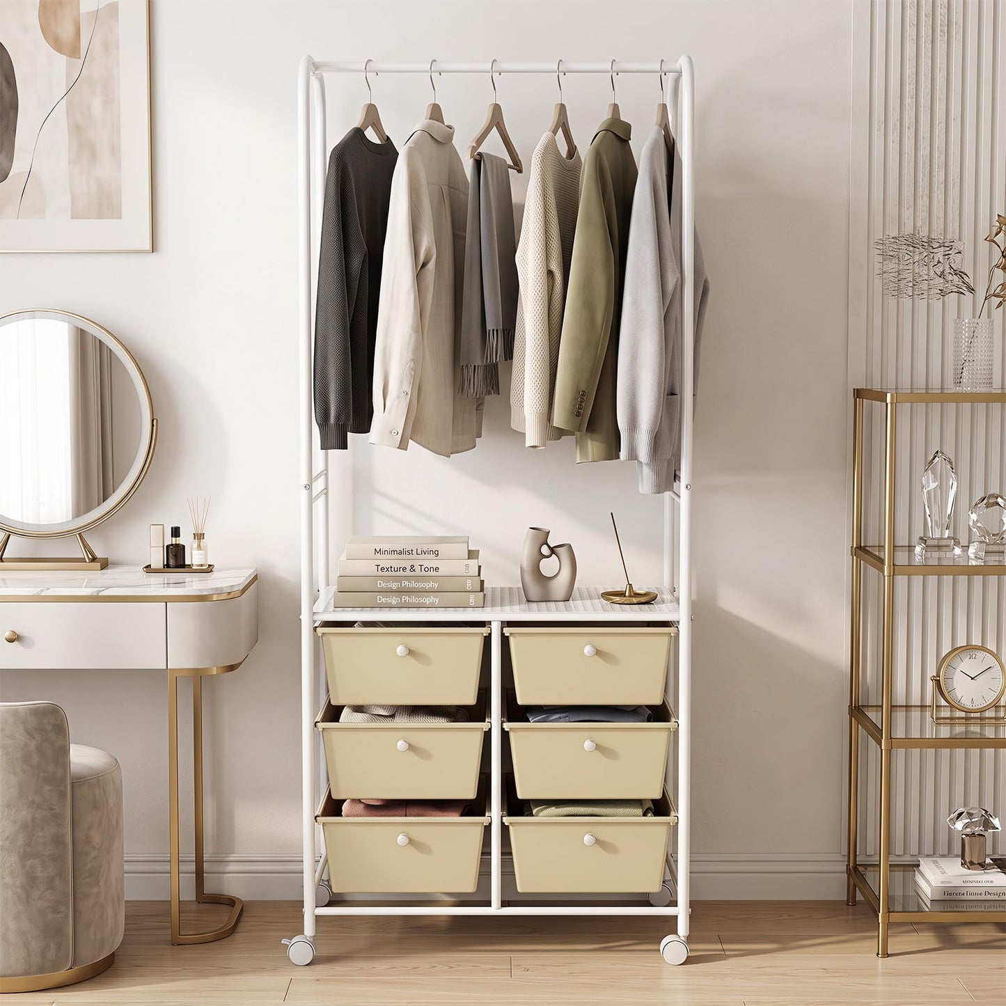 Clothes Rail on Wheels, Clothes Rack with 6 Drawers, Storage Shelf