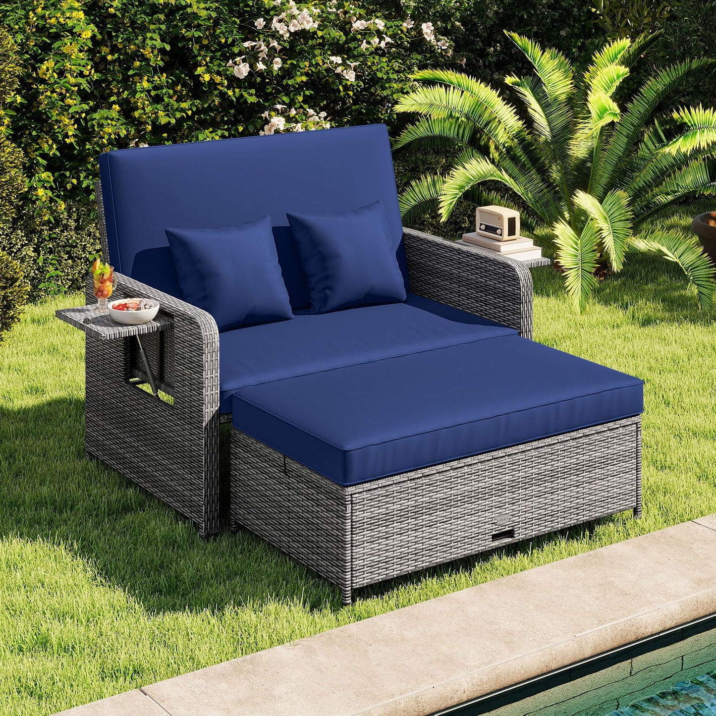 Garden Rattan Daybed, 4-Level Adjustable Patio Wicker Loveseat Sofa Bed Sun Lounger