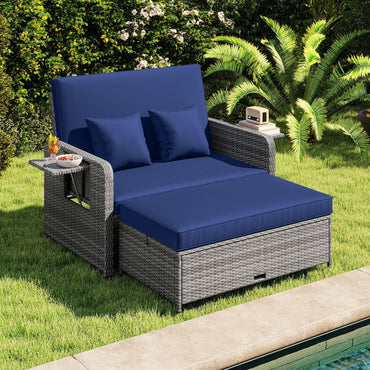 Garden Rattan Daybed, 4-Level Adjustable Patio Wicker Loveseat Sofa Bed Sun Lounger