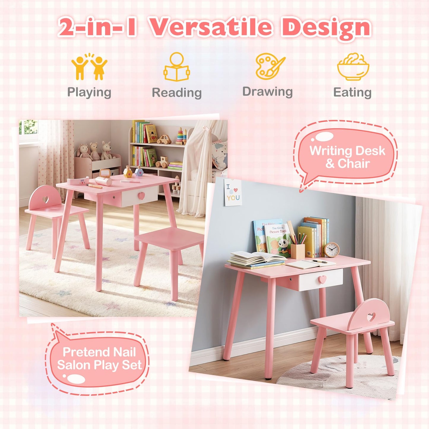 Kids Table and Chairs Set, Children Makeup Table with Eye Shadow