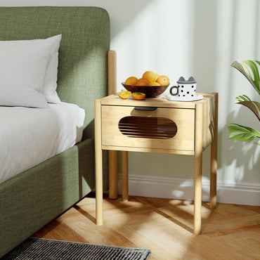 Farmhouse Bedside Table with Tempered Glass Decorated Drawer