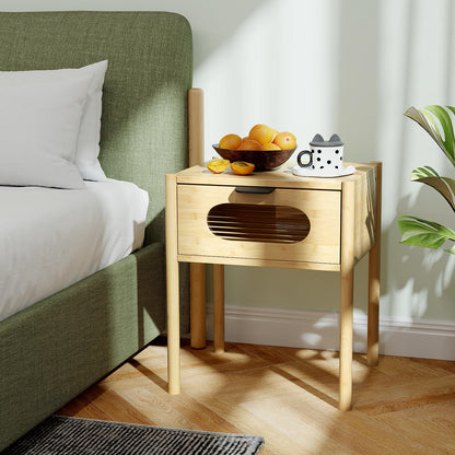 Farmhouse Bedside Table with Tempered Glass Decorated Drawer