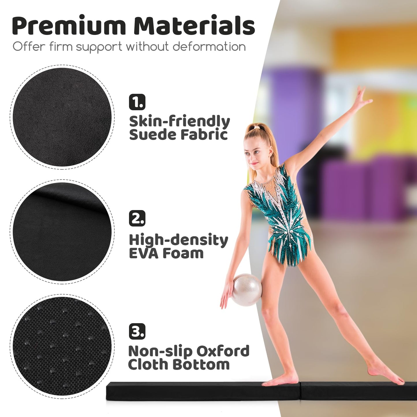 210 CM Folding Balance Beam with Removable Suede Cover and Non-slip Bottom