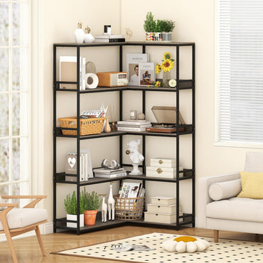 5-Tier Corner Bookshelf with Metal Frame for Living Room