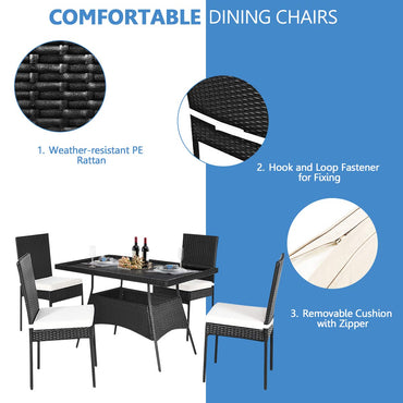 5 pcs Wicker Garden Table and Chairs Set with Tempered Glass Top & Removable Cushions
