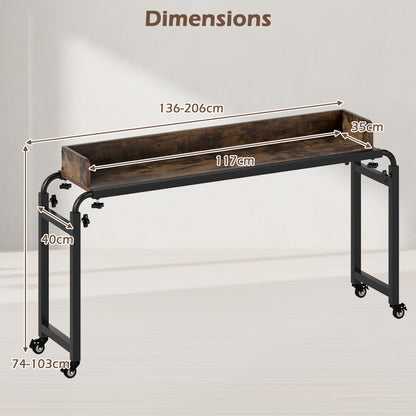 Overbed Table with Wheels, 136-206cm Mobile Over The Bed Table with Anti-Fall Barrier