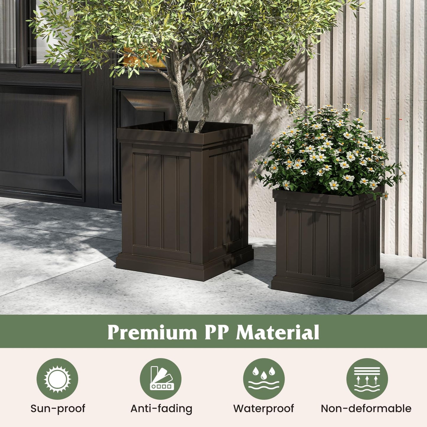 Giantex Square Plastic Planters Set of 2 48cm Large & 32cm Small Flower Pots with Drainage Holes
