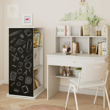 360° Spinning Corner Bookcase with Chalkboard and Open Compartments