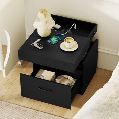 Nightstand with Charging Station with Drawer and Sliding Top Storage