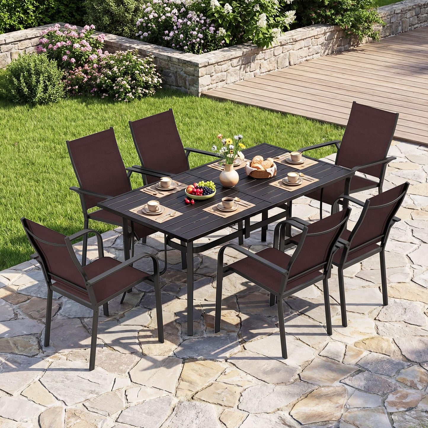 Patio Dining Table for 6 160CM Rectangle Metal Slat Table with Umbrella Hole