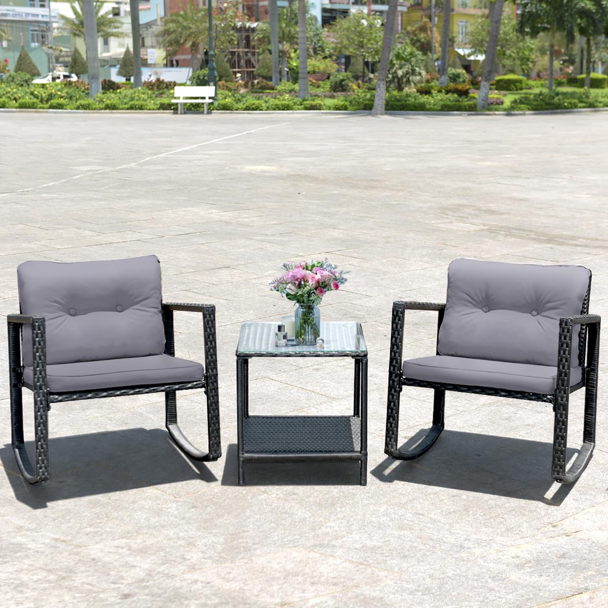 Giantex 3 PCS Garden Rocking Bistro Set PE Rattan Furniture Set with 2-tier Glass Table