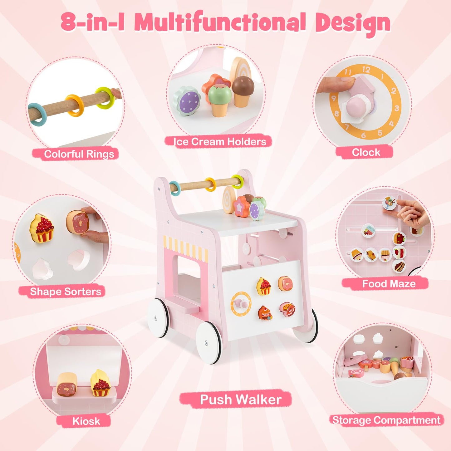 8 in 1 Toddler Push and Pull Learning Activity Center with Teaching Clock
