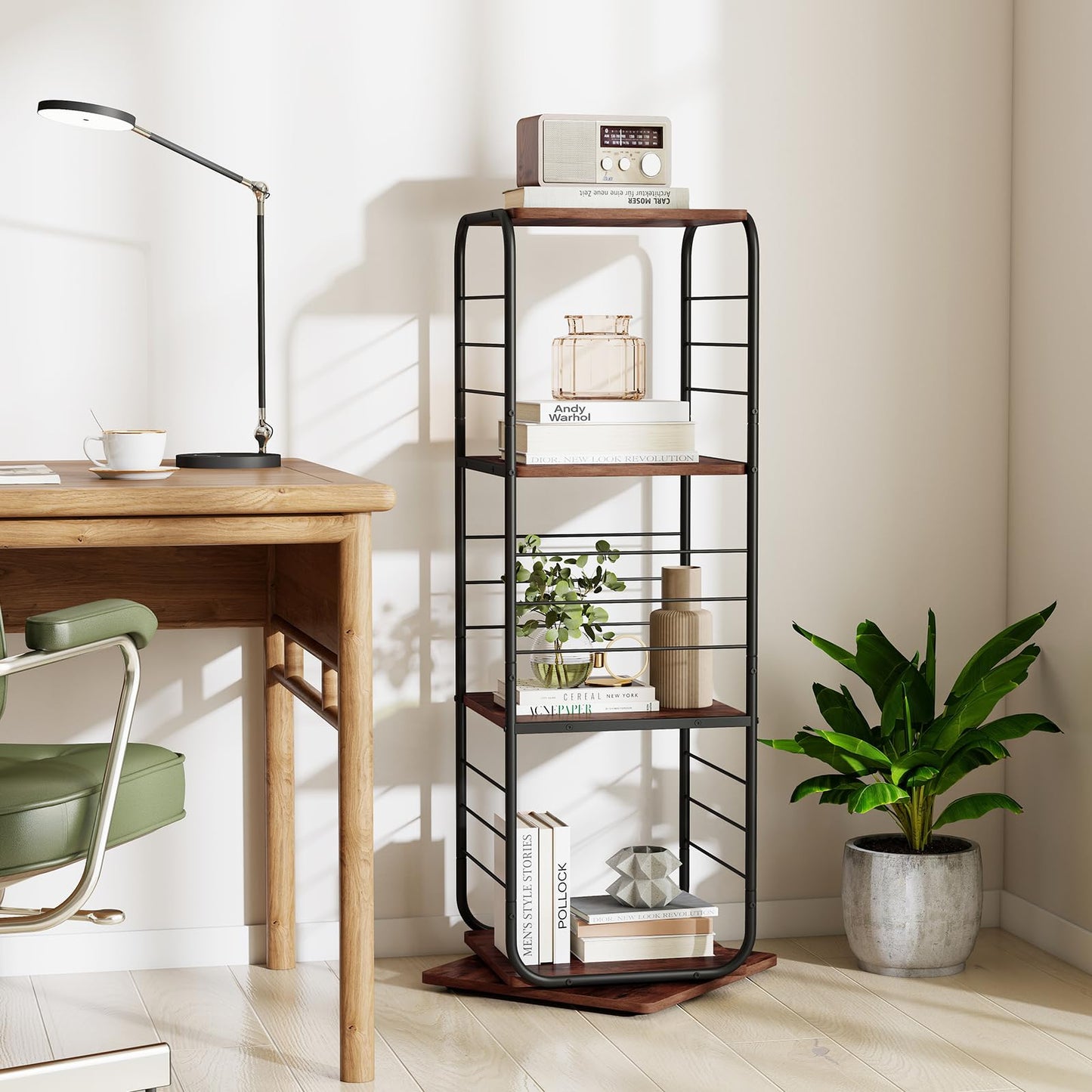 4-Tier Rotating Bookshelf, 360° Spinning Bookcase Tower with Swivel Base