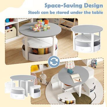 5 Piece Kids Table and Chair Set Round for 4 with 4 Fabric Drawers