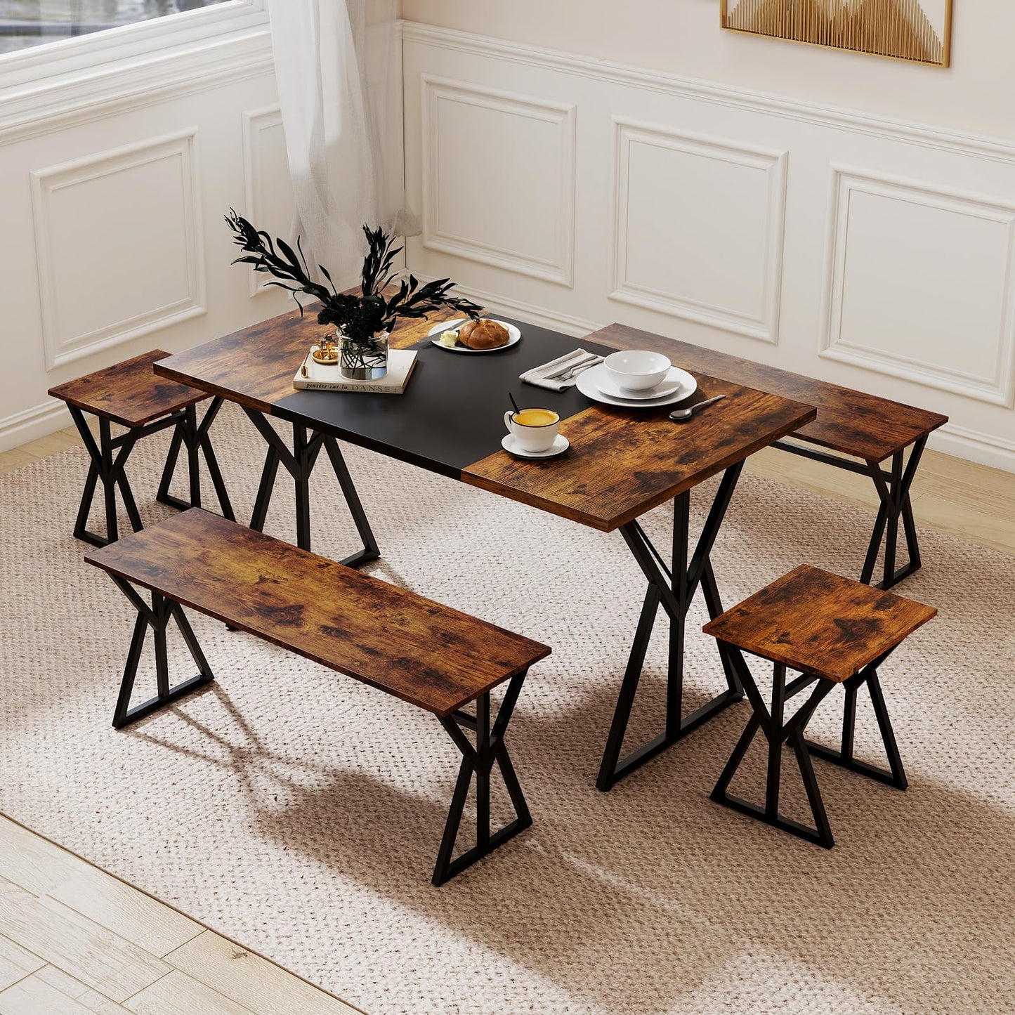 Dining Table and Stool Set with Bench for 4-6, 138cm Industrial Kitchen Table