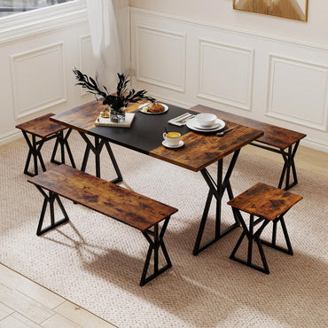Dining Table and Stool Set with Bench for 4-6, 138cm Industrial Kitchen Table