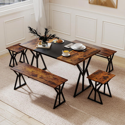 Dining Table and Stool Set with Bench for 4-6, 138cm Industrial Kitchen Table