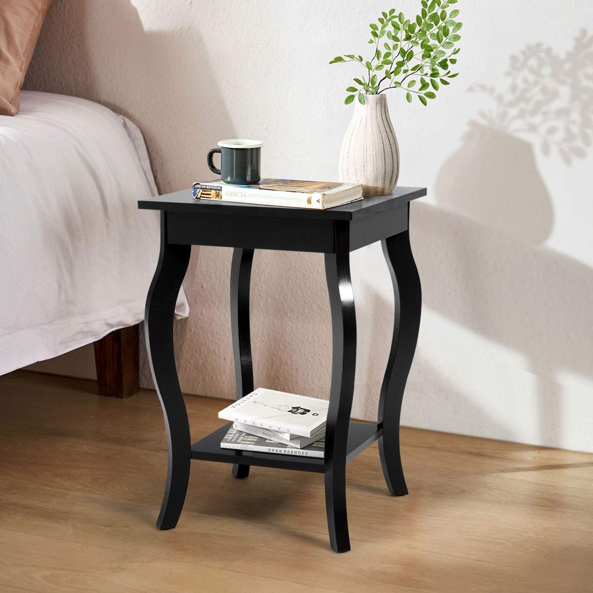 Accent End Table with Elegant Curved Legs and 2-Tier Open Storage Shelves