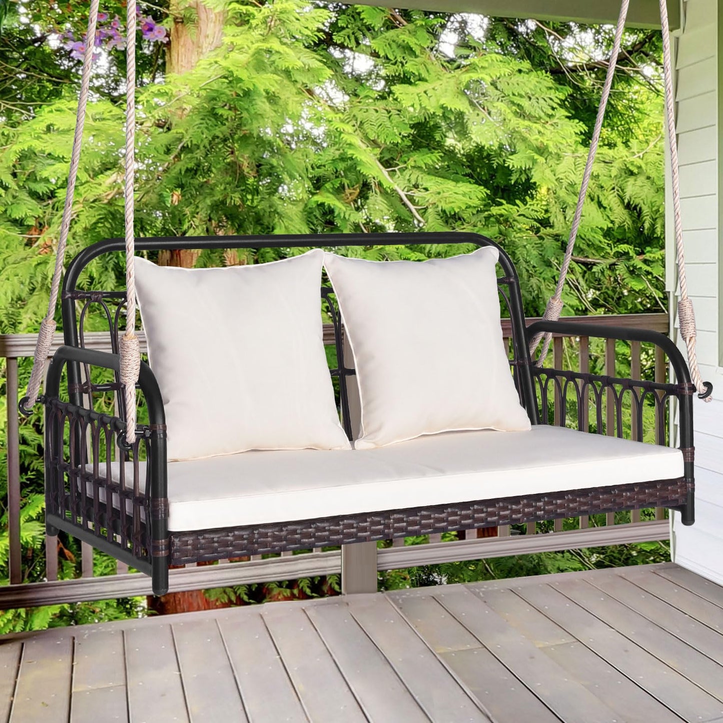 2-Person Outdoor Patio Hanging Chair with Cushions for Garden, Backyard