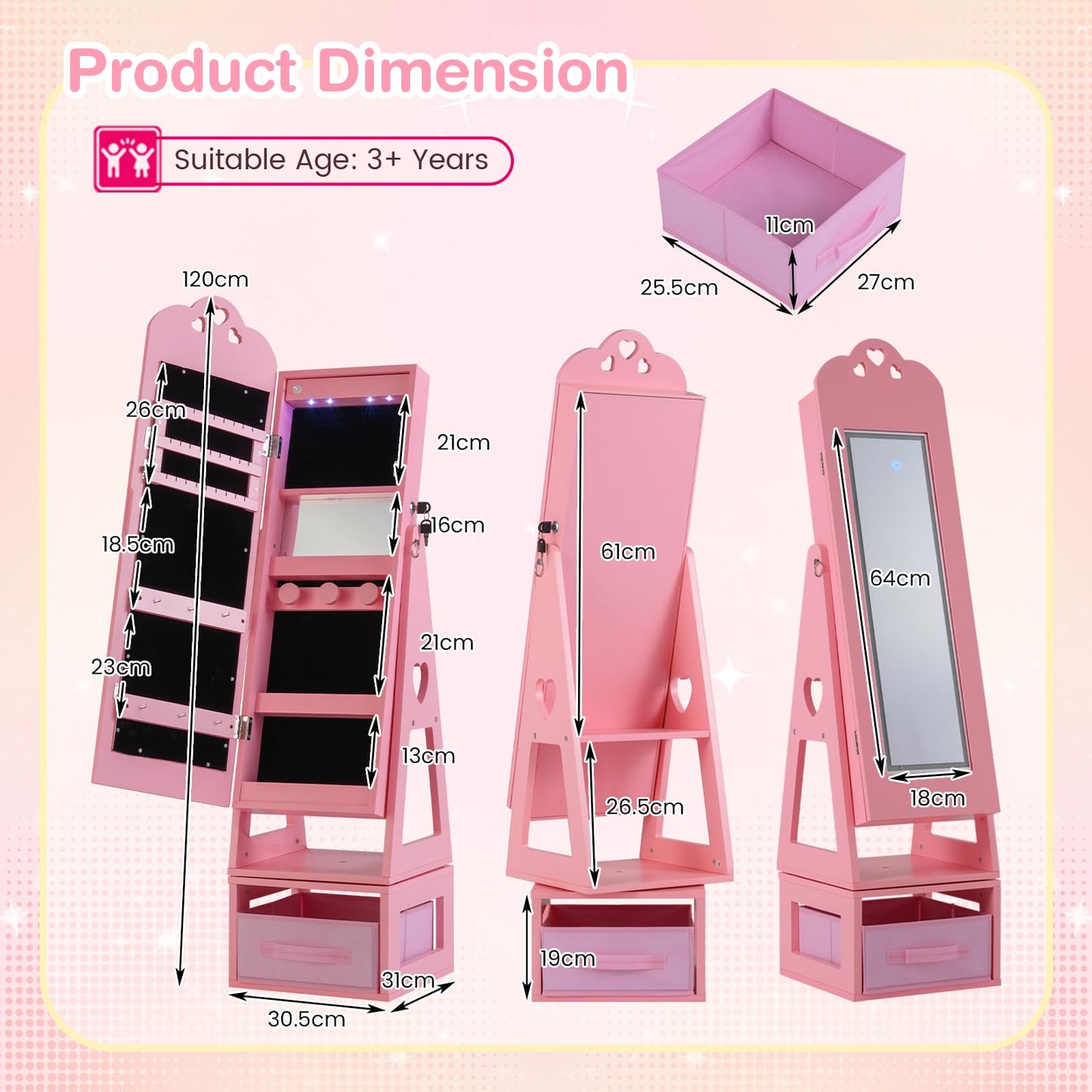 Swivel Kids Jewelry Cabinet with Full-Length Mirror and Lights